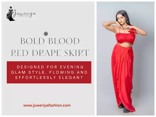 Stunning Blood Red Drape Skirt and Blouse Set Collection