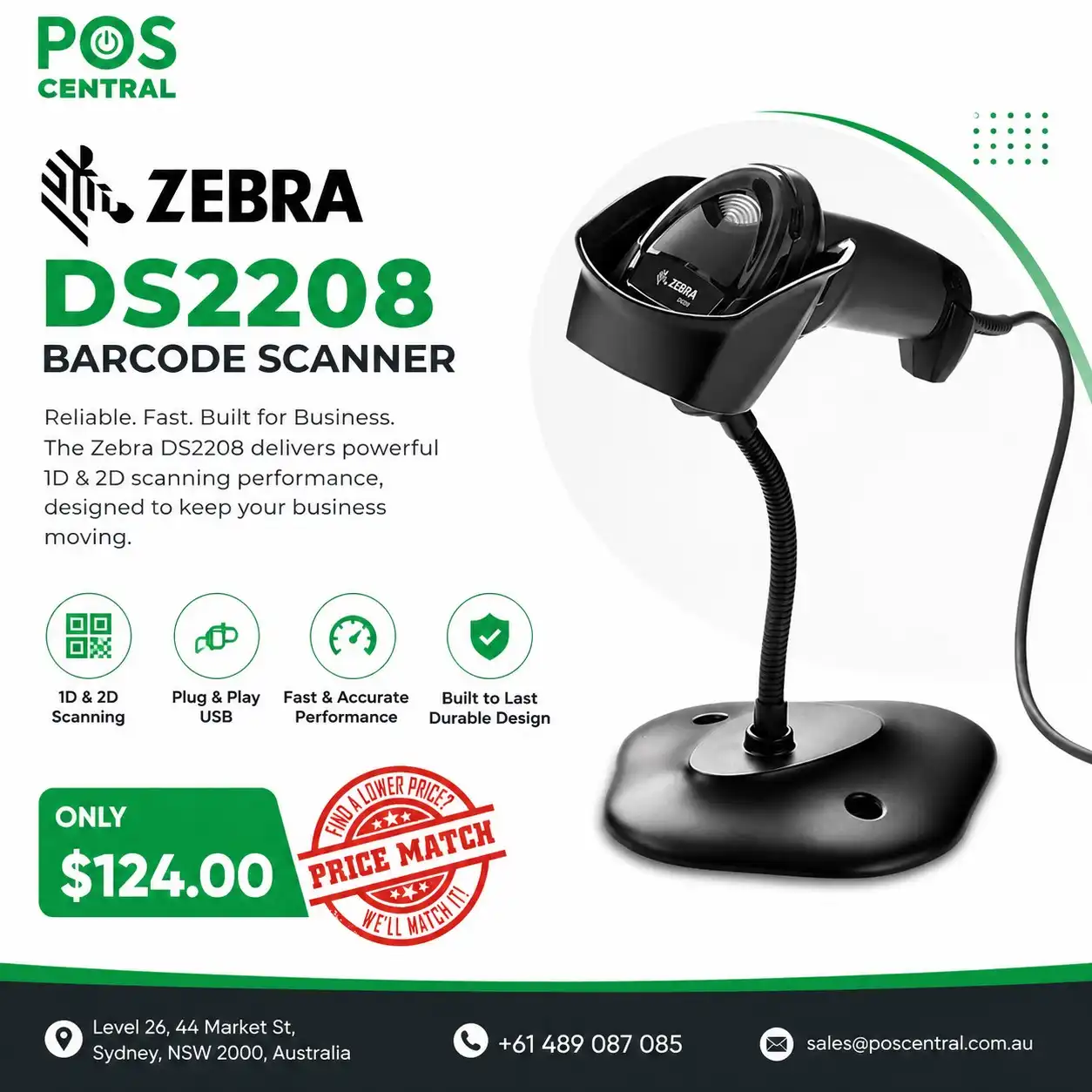 Zebra DS2208 2D Barcode Scanner Kit Black | POS Central