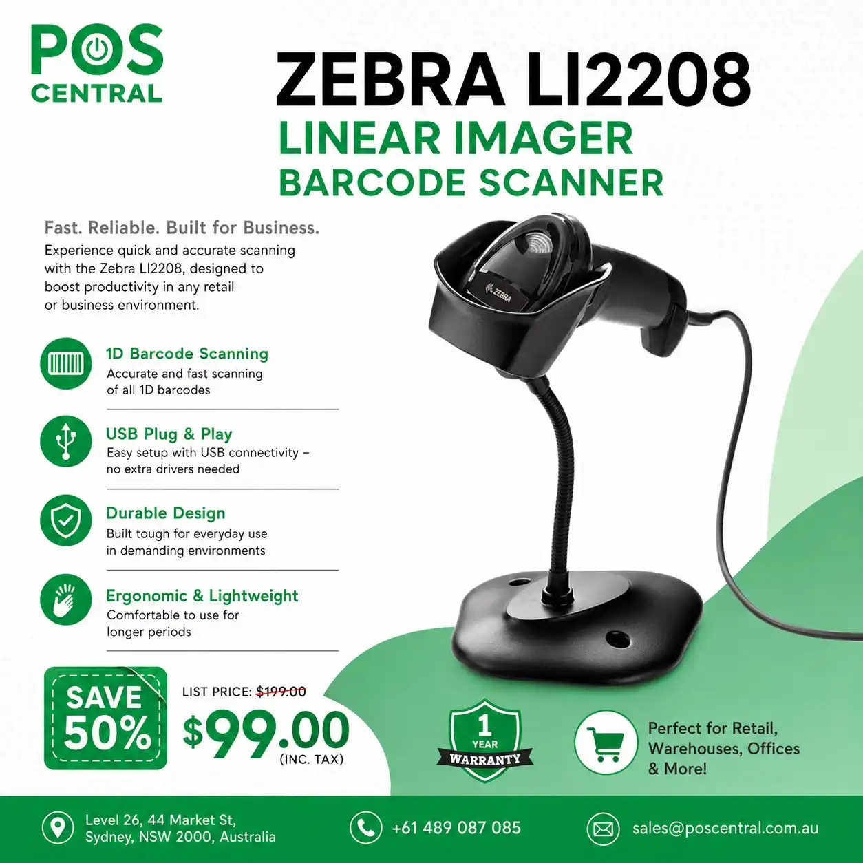 Zebra LI2208 Barcode Scanner – Fast 1D Scanning, USB and 50% Off!