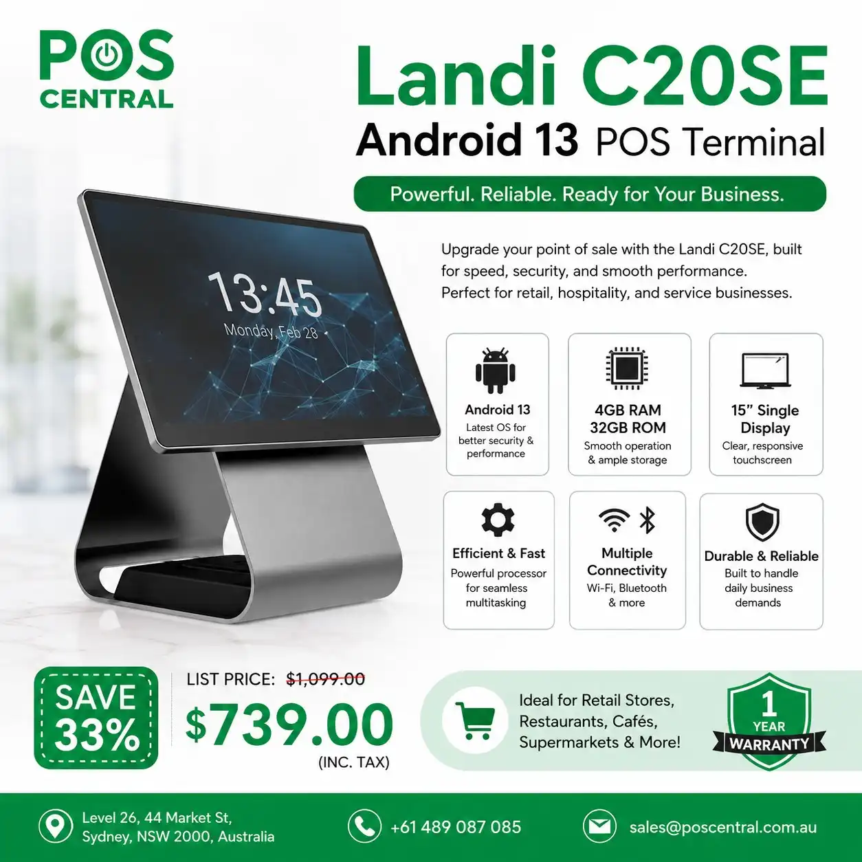 Landi C20SE Android 13 POS Terminal – 15” Touchscreen