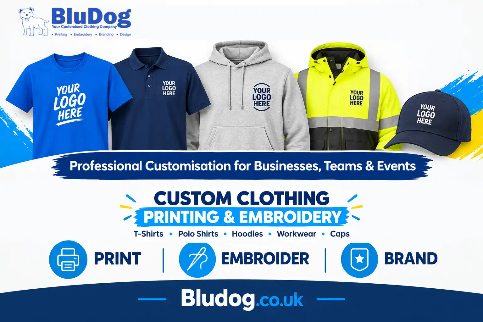 Image Listing Title: Custom Workwear, Printed T-Shirts and Embroidered Clothing | BluDog.co.uk