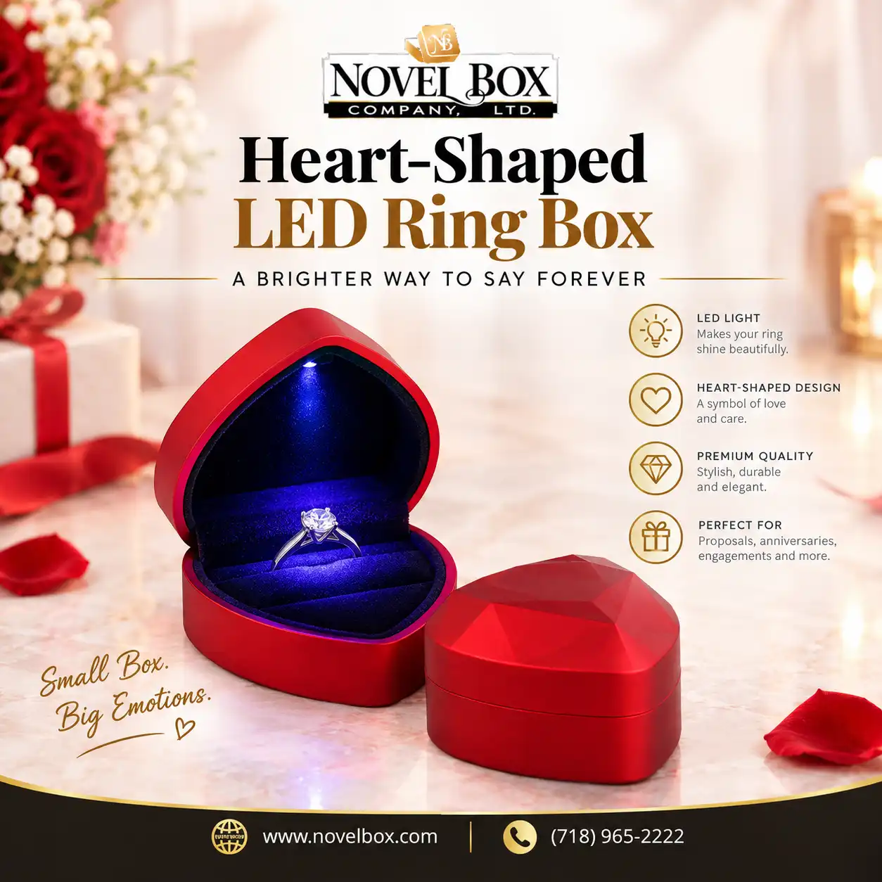 Red Heart-Shaped LED Ring Box for Special Occasions